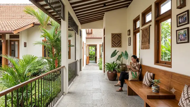 Inspirasi Lorong Rumah yang Cocok untuk Penghubung Dua Bangunan Model dengan Bangku di Salah Satu Sisi