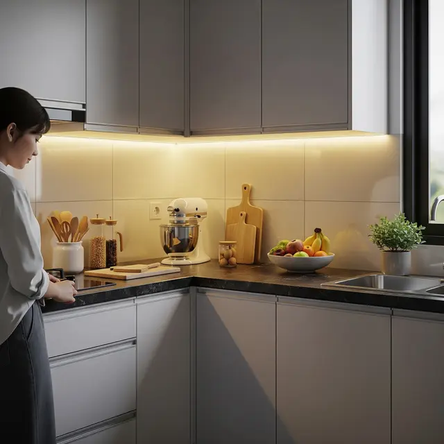Dapur dengan Zonasi Pencahayaan LED Under-Cabinet (Gemini AI)