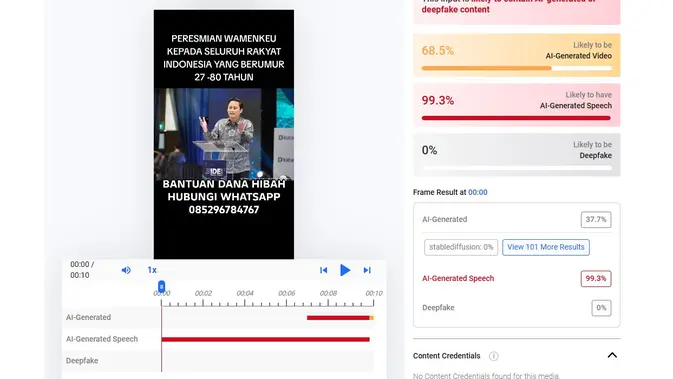 Video dan audio klaim Wamenkeu Thomas Djiwandono mengumumkan bantuan dana hibah menunjukkan hasil AI. (Foto: tangkapan layar Hive Moderation)
