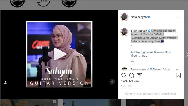 Nissa Sabyan mempromosikan lagu Sabyan Gambus dengan aransemen guitar version (https://www.instagram.com/p/CRGiZSQFrNU/)