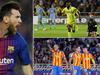 Berikut ini top scorer sementara La Liga Spanyol musim 2017/2018 hingga pekan ke-14. Bintang Barcelona, Lionel Messi, berada di puncak klasemen jauh meninggalkan para pesaingnya. (Kolase foto-foto dari AFP)