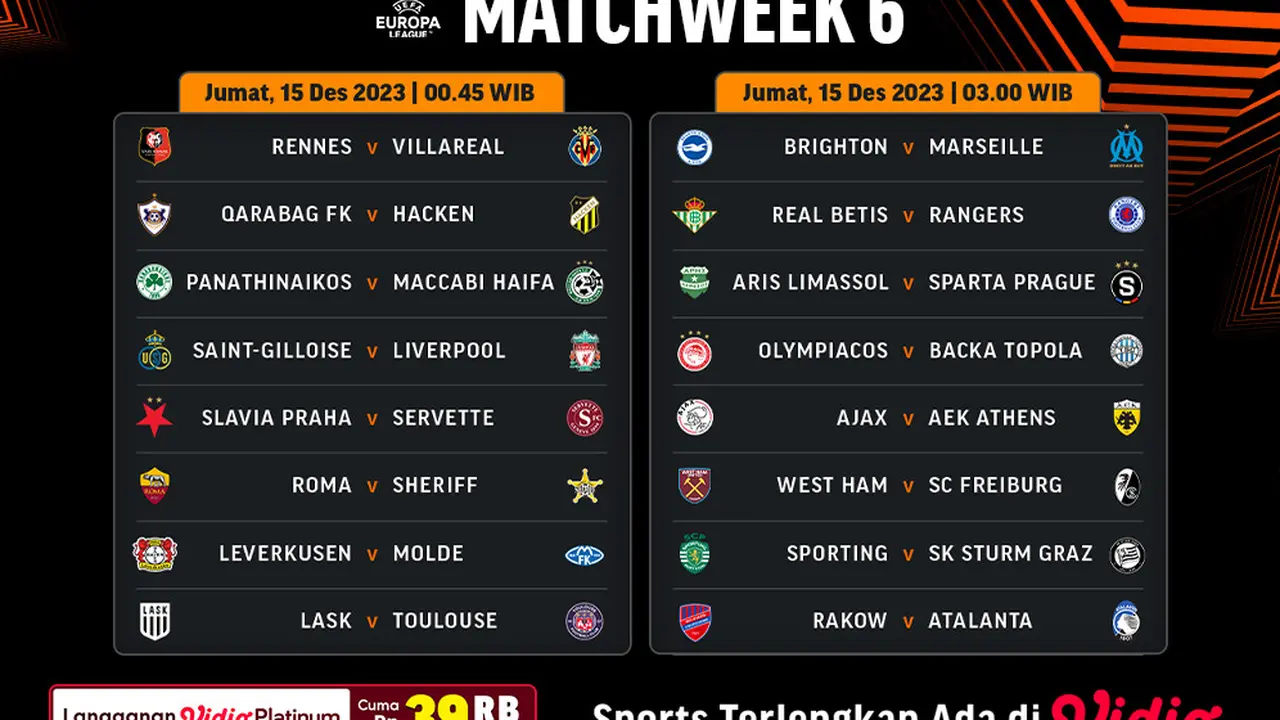 Jadwal dan Live Streaming Liga Eropa Week 6  di Vidio