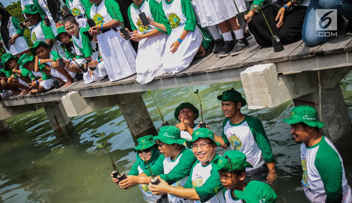 Dirut PT Nusantara Regas Moch. Taufik Afianto, Bupati Kepulauan Seribu Husein Murad, Kepala Balai TN Kepulauan Seribu, Evi Herlina dan anak-anak SD saat menanam mangrove di Area Labirin Pulau Pramuka, Jakarta, Rabu (28/11). (Liputan6.com/Faizal Fanani)