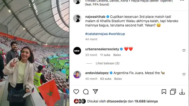 Najwa Shihab Bagikan Keseruan Nonton Langsung Pertandingan Perebutan Juara 3 Piala Dunia 2022, Tetap Terhibur Meski Maroko Kalah. (instagram.com/najwahihab)