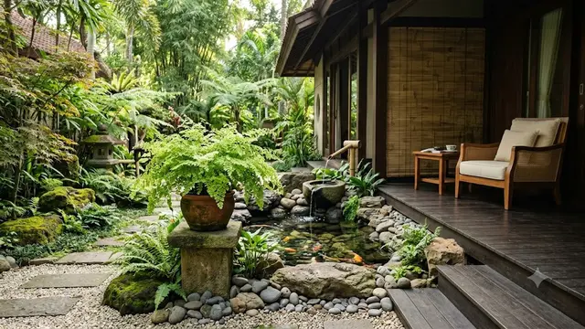 Teras Rumah dengan Tanaman Suplir dan Kolam Mini/AI Generated