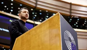 Presiden Ukraina Volodymyr Zelensky saat pidato di Parlemen Eropa, Kamis (9/2/2023). (Dok. AFP/Kenzo Tribouillard)&nbsp;