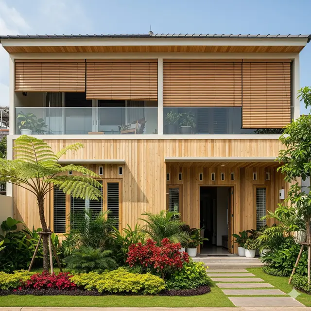 Inspirasi Rumah Kayu Minimalis Modern dengan Balkon Kaca. Gemini