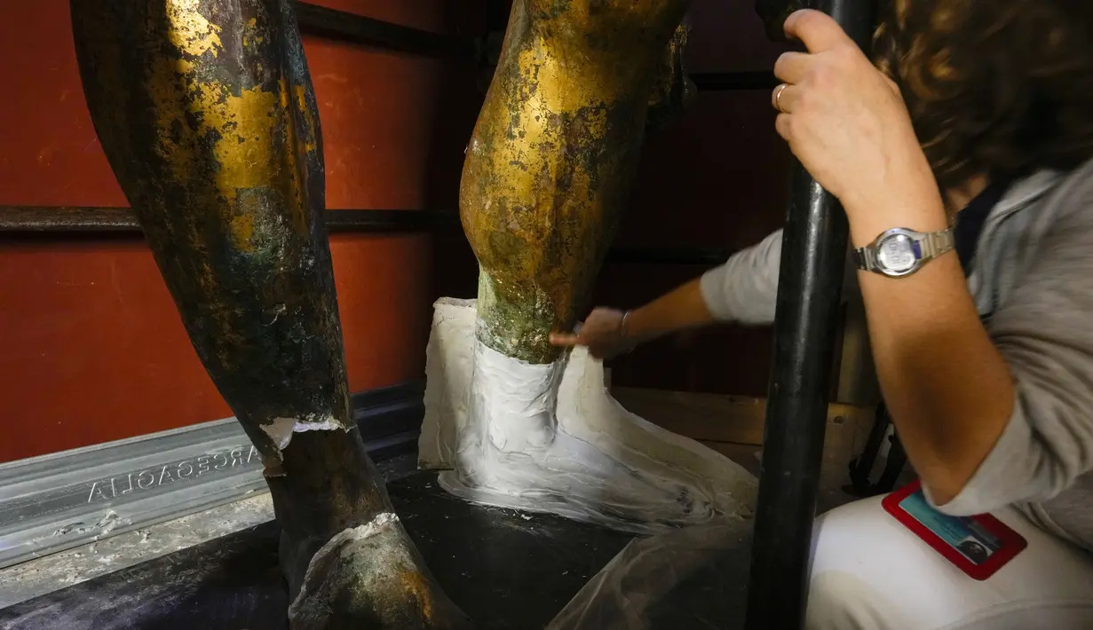 Pekerjaan akan berlanjut hingga Desember untuk mengungkap patung Hercules setinggi 4 meter (13 kaki), yang diyakini telah berdiri di Teater Pompey Roma kuno, hingga ke kilau keemasan aslinya. (AP Photo/Andrew Medichini)
