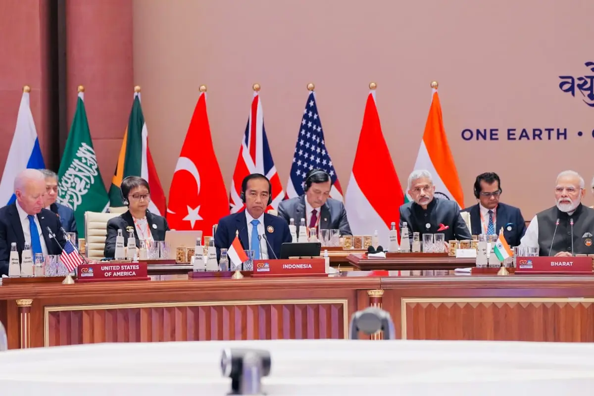 Presiden Jokowi dalam pertemuan sesi pertama Konferensi Tingkat Tinggi (KTT) G20 India yang digelar di Bharat Mandapam, IECC, Pragati Maidan, New Delhi, India, Sabtu (9/9/2023). (Foto: Laily Rachev - Biro Pers Sekretariat Presiden)