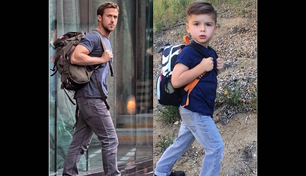 Pada sebuah foto, Ryker terlihat meniru gaya Ryan Gosling yang sedang memakai kaos, jeans, dan tas ransel. (instagram.com/ministylehacker)