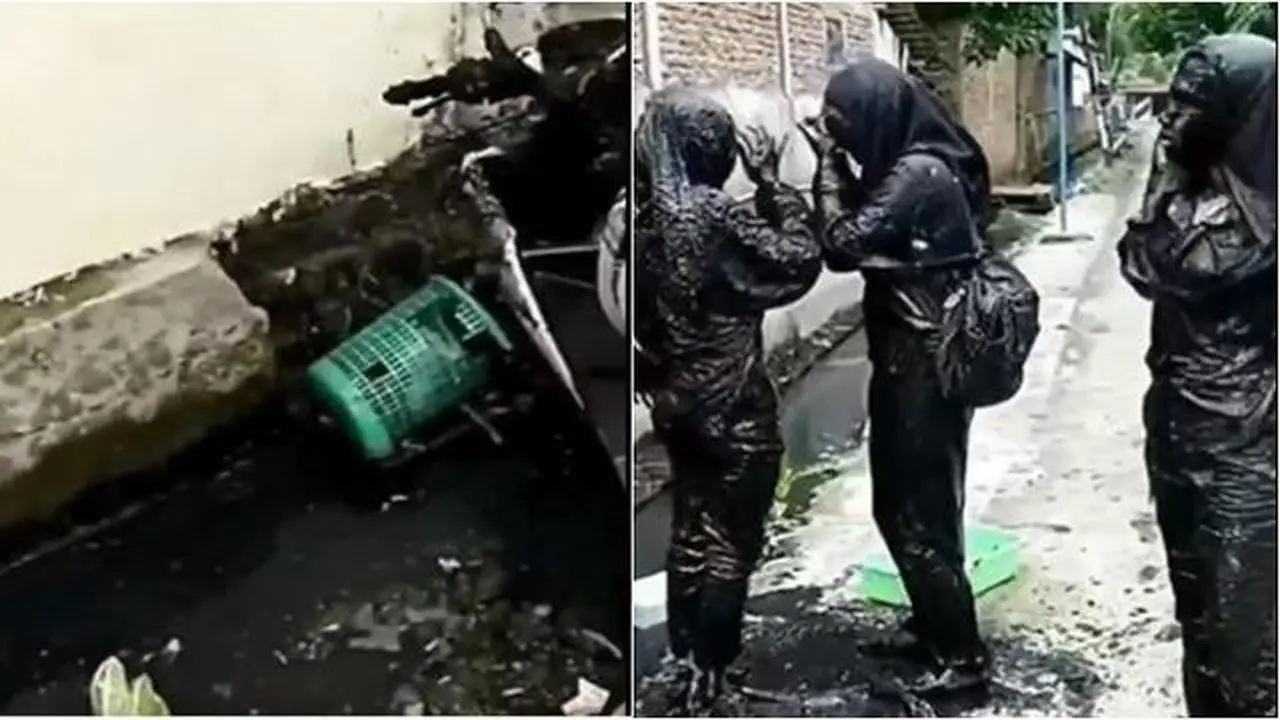 Tiga siswi boncengan motor nyungsep ke selokan penuh lumpur warna hitam. (Sumber: Twitter/cenayangfilm)