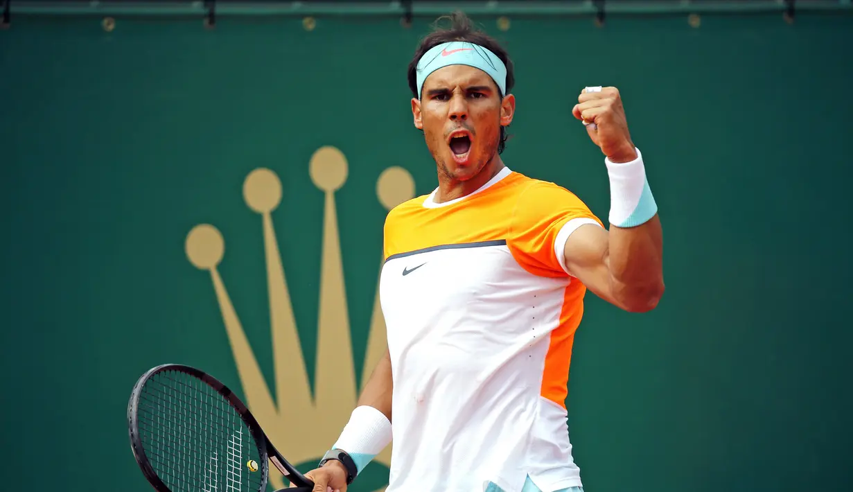 Kegembiraan terpancar dari wajah Rafael Nadal usai memastikan diri berlaga di babak perempat final Monte Carlo Masters (REUTERS/Eric Gaillard)