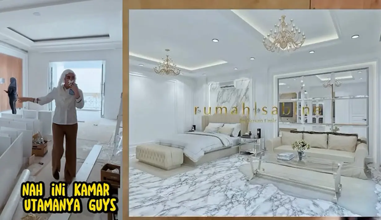 Potret kamar utama Bella Shofie yang juga sangat luas dengan dominasi warna putih. Ada beberapa sofa dan meja yang bisa digunakan saat santai dengan sang suami. [Instagram/bellashofie_rigan]