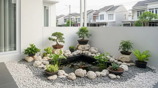 Inspirasi Taman Kering Kombinasi Kolam Ikan yang Mudah Dirawat (AI)