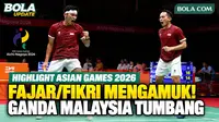Highlight pertandingan perempat final badminton beregu putra Asian Games Aichi-Nagoya 2026 antara Indonesia vs Malaysia. Fajar Alfian/Muhammad Shohibul Fikri sukses mengalahkan Goh Sze Fei/Nur Izzuddin melalui pertarungan tiga gim dengan skor 21-15, ...