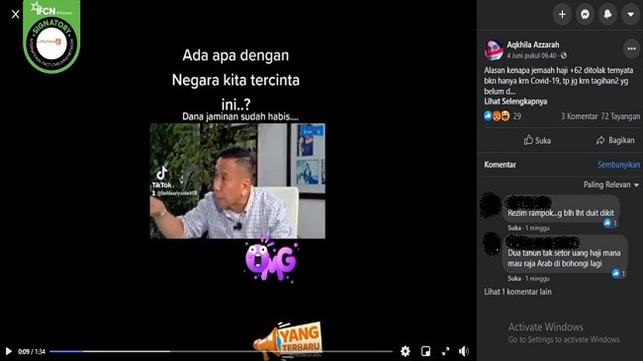 Gambar Tangkapan Layar Kabar tentang Jemaah Haji Indonesia Ditolak karena Utang dan Tagihan ke Pemerintah Arab Saudi (sumber: Facebook)