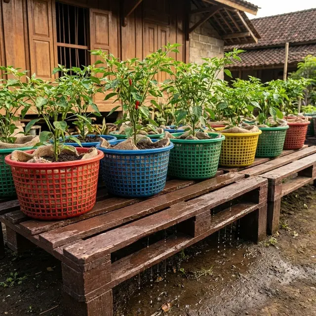 Desain Kebun Cabai Pakai Keranjang Plastik Bekas Anti Becek