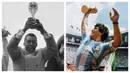 Pele total mengoleksi 3 gelar Piala Dunia pada edisi 1958, 1962 dan 1970. Sementara Diego Maradona mengoleksi satu gelar Piala Dunia pada edisi 1986. (Kolase AFP)