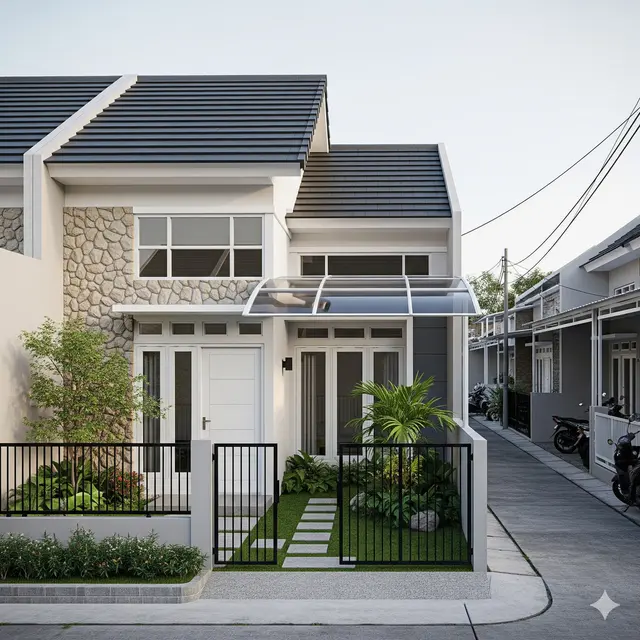 Model Rumah Tipe 45 Murah dengan Atap Pelana di Gang Perumahan Sempit. Gemini
