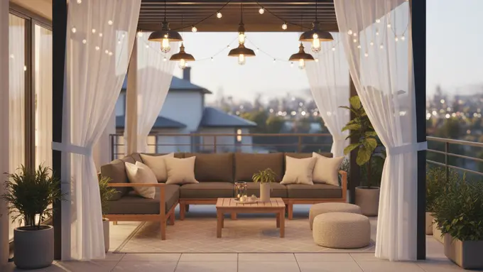 Teras Rumah dengan Pergola dan Tirai Outdoor