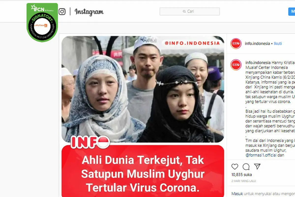 Cek Fakta: Ahli Dunia Terkejut, Tak Satu pun Warga Muslim Uighur Tertular Virus Corona? (Instagram)