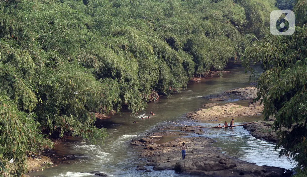 Beberapa anak bermain di aliran Sungai Ciliwung, Kota Depok, Jawa Barat, Senin (27/7/2020). Setiap tanggal 27 Juli diperingati sebagai Hari Sungai Nasional, namun ironisnya kondisi sungai Ciliwung masih terlihat banyak ceceran sampah, terutama plastik. (Liputan6.com/Helmi Fithriansyah)
