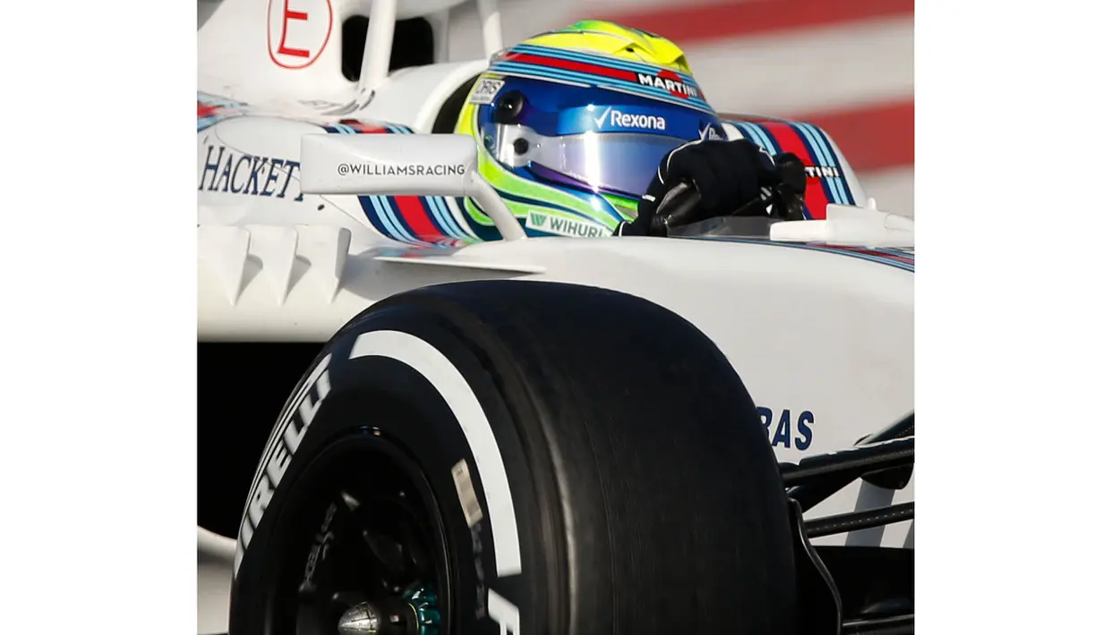 Pebalap Williams, Felipe Massa mencatat waktu 1m26.712s dari 109 lap pada sesi test pramusim F1 hari ke-3 di Sirkuit Catalunya, Barcelona, Rabu (24/2/2016) WIB.  (REUTERS/Sergio Perez)