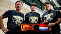 Pembalap Red Bull Racing, Max Verstappen (tengah) berfoto bersama dengan team principal Red Bull Racing, Cristian Horner (kiri) dan penashiat tim Red Bull Racing, Helmut Marko setelah Sprint Race F1 GP Qatar 2023 yang dihelat di Sirkuit Lusail, Qatar, Minggu (8/10/2023) dini hari WIB. Verstappen berhasil menyabet gelar juara dunia ketiganya di Formula 1 musim 2023 setelah memuncaki klasemen dengan raihan 400 poin. (AFP/Ben Stansall)