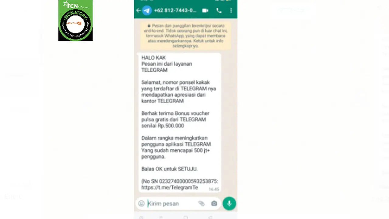 Cek Fakta Liputan6.com menelusuri informasi Telegram bagikan bonus voucher pulsa senilai Rp 500 ribu
