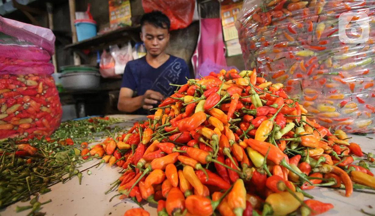 Pedagang cabai menunggu pembeli di pasar Kebayoran Lama, Jakarta, Kamis (6/2/2020). Harga cabai dan bawang putih mengalami kenaikan hingga mencapai dua kali lipat akibat musim hujan. (Liputan6.com/Angga Yuniar)