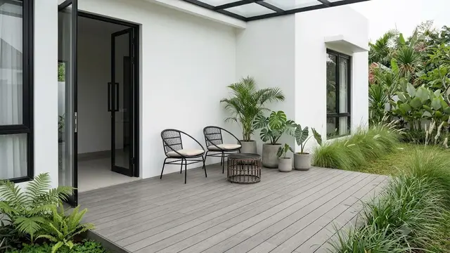 Teras Minimalis Modern dengan Lantai Kayu Komposit Abu-Abu