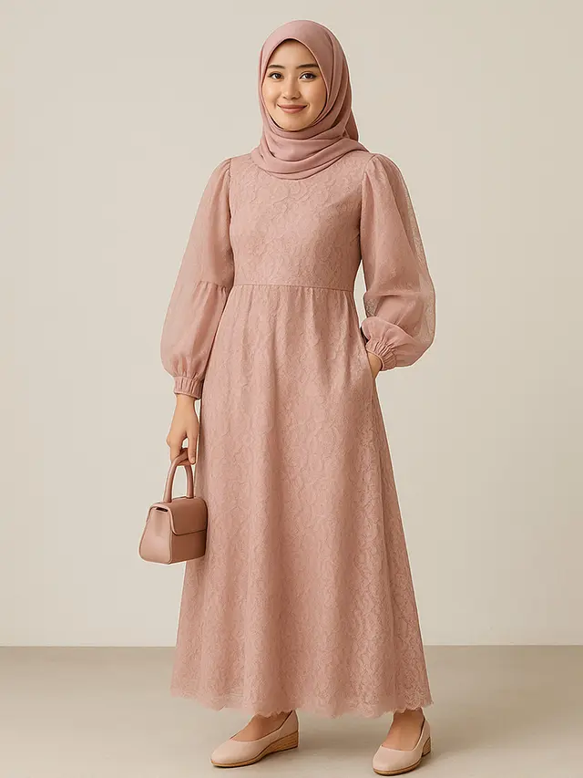 Model Gamis Brokat Warna Dusty Pink/ Ilustrasi gambar oleh AI