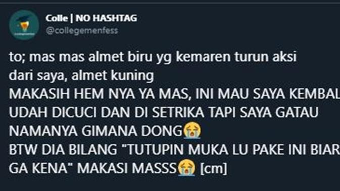 Tak selalu berakhir ricuh, ini beberapa momen manis antar mahasiswa saat aksi demo. Bikin baper! (Sumber: Twitter/@collegemenfess)