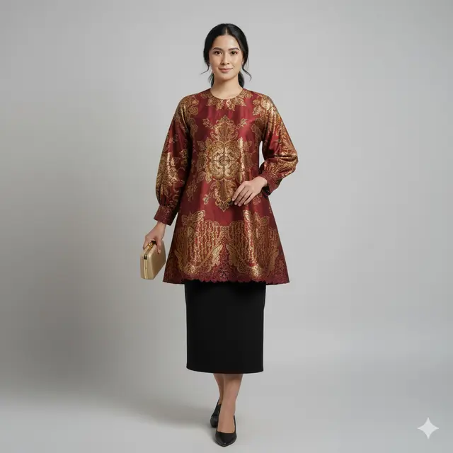 Tunik Batik Lengan Bishop Kombinasi Brokat: Traditional Luxury