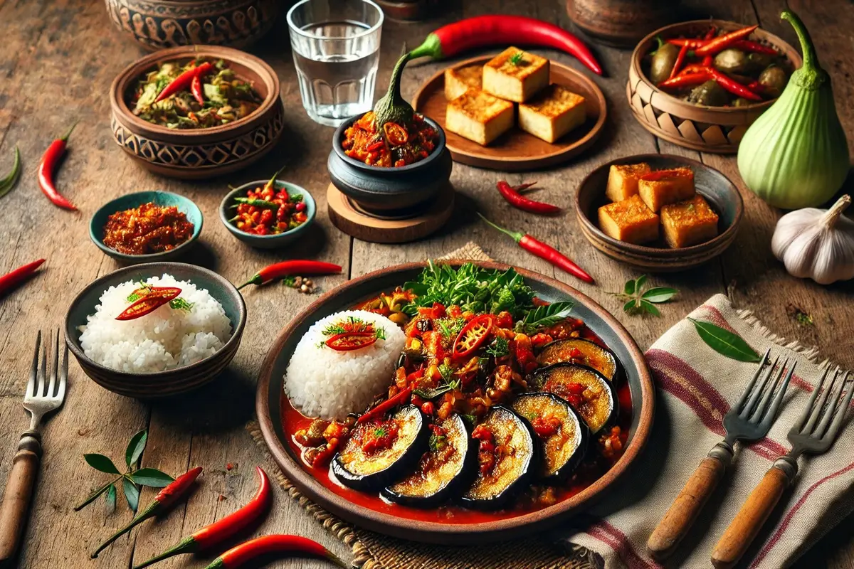 sambal terong pedas dengan nasi dan lauk tahu tempe goreng
