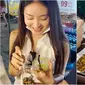 Natasha Wilona di pasar malam Thailand mencicipi ulat dan belalang goreng. (Sumber: YouTube/Natasha Wilona)