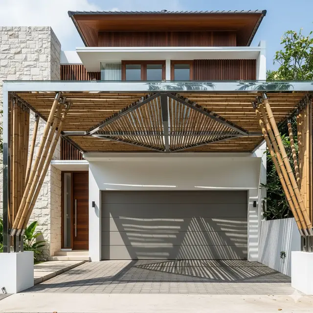 Garasi Eksotis dengan Kanopi Bambu Modern Berkelanjutan