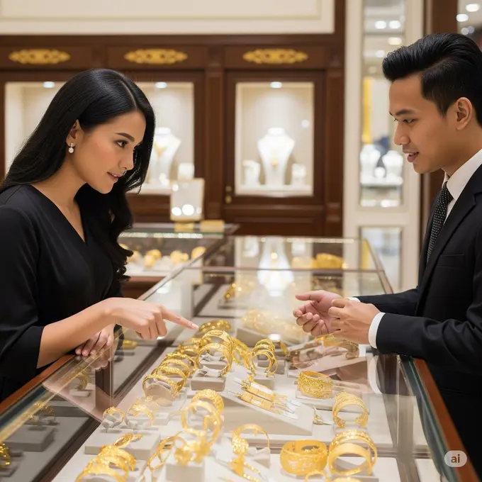 Ilustrasi seorang wanita yang sedang memilih gelang emas 24 K di sebuah toko perhiasan mewah.