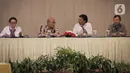Menlu Retno LP Marsudi, Menko PMK Muhadjir Effendi , Menkominfo Johnny G Plate dan Menteri Kesehatan Terawan Agus Putranto pada acara forum pimred di Jakarta, Selasa (3/3/2020). Acara membahas permasalahan aktual yang terjadi di Indonesia salah satunya virus corona. (Liputan6.com/Faizal Fanani)