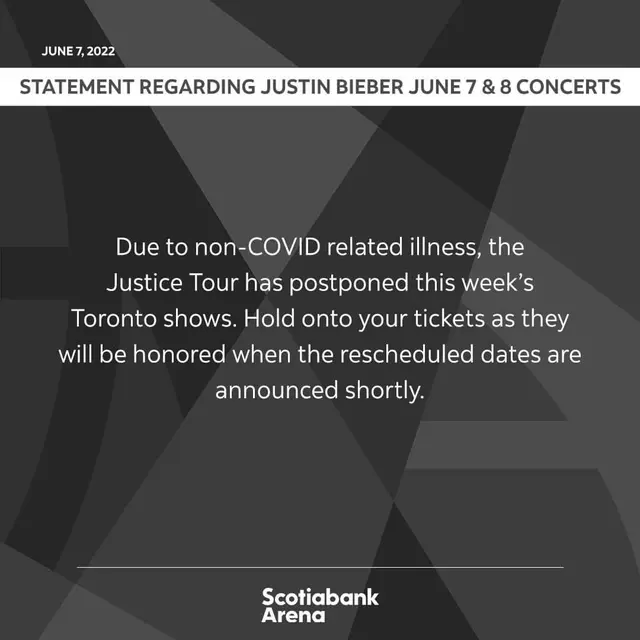 Unggahan Scotiabank Arena terkait pembatalan konser Justin Bieber. (Foto: Dok. Instagram @scotiabankarena)