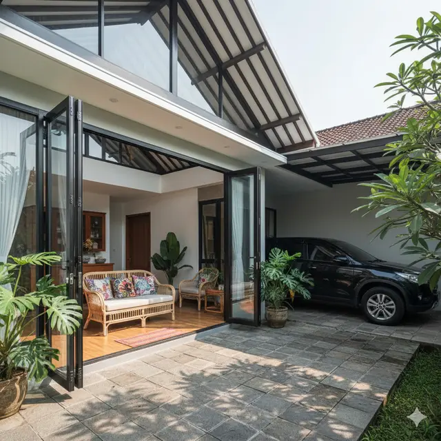 Teras Rumah Minimalis Menyatu Ruang Tamu dan Carport