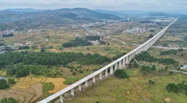 Foto dari udara menunjukkan jembatan besar Lali di jalur kereta cepat Guiyang-Nanning di Wilayah Dushan, Provinsi Guizhou, China barat daya (20/10/2020). Jalur kereta cepat Guiyang-Nanning dirancang untuk dapat dilalui kereta dengan kecepatan maksimum 350 kilometer per jam. (Xinhua/Liu Xu)