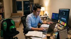 Ilustrasi pekerja yang melakukan double job (AI)