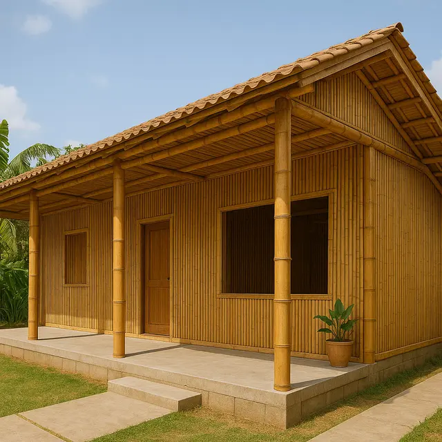 Rumah Bambu dan Batako Gaya Tropis dengan Teras Luas (ChatGPT)