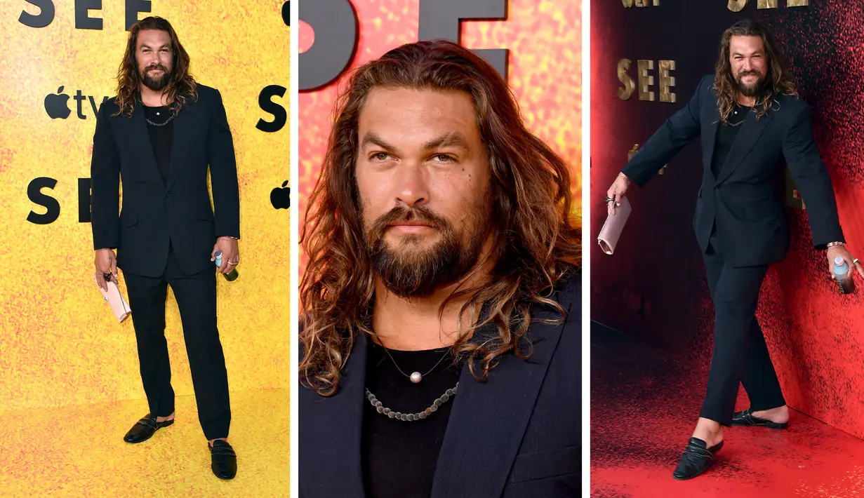 Foto kombinasi aktor Jason Momoa saat menghadiri pemutaran perdana musim ketiga film "See," di DGA Theater di Los Angeles (23/8/2022). (Jordan Strauss/Invision/AP)