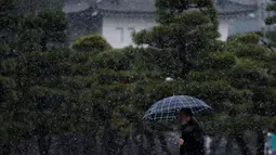 Seorang pria melintas di dekat Istana Kekaisaran saat salju turun, Jepang, Kamis (24/11). Meskipun Jepang merupakan negara empat musim, ibu kota Tokyo lebih sering menghadapi gempa daripada salju. (REUTERS / Toru Hanai)