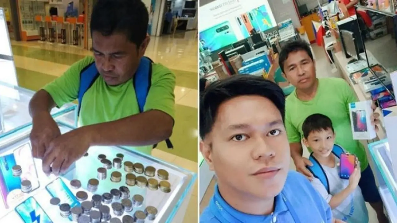 pria ini belikan sang anak ponsel dengan uang koin