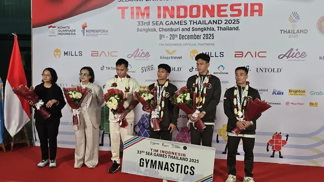 Abiyurafi dan pesenam Indonesia lainnya tiba di Indonesia usai berprestasi di SEA Games 2025