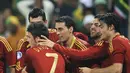 Para pemain Spanyol merayakan gol David Villa (no. 7) yang menjadi gol pertama mereka dalam partai Piala Konfederasi Spanyol vs Afsel pada 20 Juni 2009 di Free State Stadium, Bloemfontein. AFP PHOTO/PIERRE-PHILIPPE MARCOU