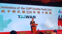 Dubes Taiwan untuk indonesia, Mr. Bruce Hung, dalam pidato sambutannya di acara memperingati Double Tenth Day ke-114, di hotel Borobudur, jakarta, pada Selasa (7/10/2025) (Dok. Liputan6.com/Indra C. Vanleon).